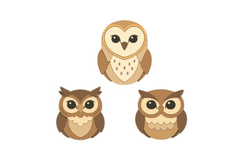 Fototapeta premium Three cute cartoon owls are arranged in a triangular formation against a solid black background. The stylized birds feature rounded bodies and large eyes in shades of brown and tan.