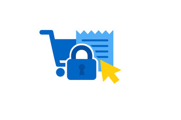 Fototapeta premium This illustration features a blue shopping cart, a receipt, and a padlock with a yellow cursor arrow, symbolizing secure digital payments and online shopping protection.