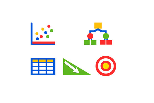 A collection of colorful business icons including a scatter plot, organizational chart, data table, downward arrow, and target symbol set against a solid black background.