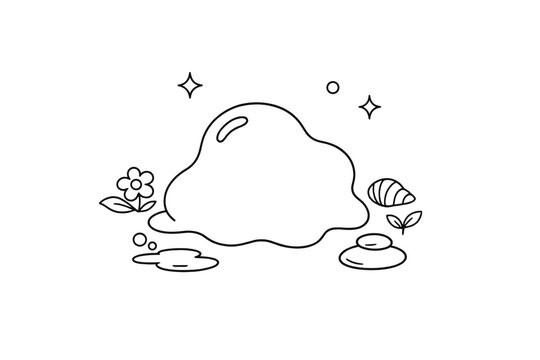 Minimalist white line drawing of a soft blob character base surrounded by nature elements like a flower, shell, and stacked stones on a black background. Simple vector art illustration.