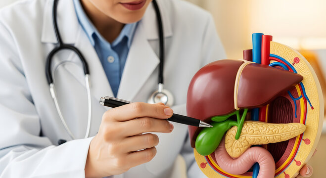 Doctor points to detailed anatomical model of liver gallbladder pancreas and intestines