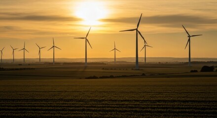 Wind turbines stand silhouetted against a golden sunset over a vast field