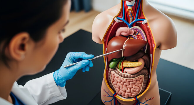 Doctor points to liver on detailed human torso anatomical model pointing