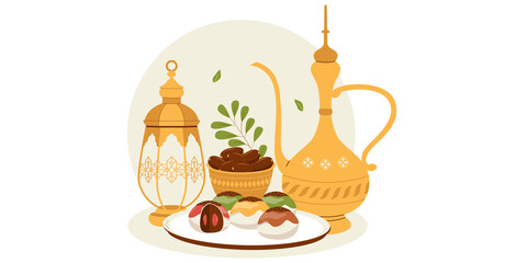 Ramadan iftar illustration with dates lantern and arabic coffee pot. png ramadan iftar meal with lantern and dates, ramadan iftar,middle eastern ramadan iftar meal.