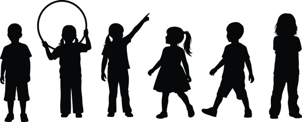 Children black silhouettes, kids playing with hula hoop, little boy girl standing, childhood activity vector line art, school pupils group © Nahl