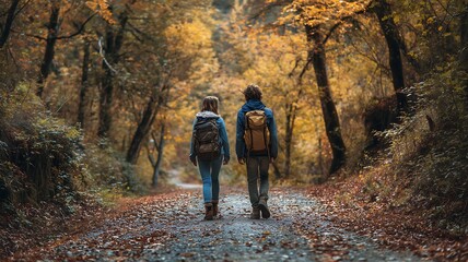Obraz premium Two hikers with backpacks walking on a forest trail surrounded by autumn trees