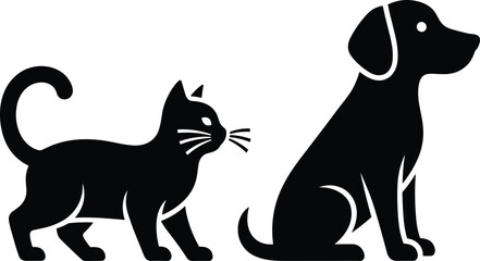Cat and dog silhouettes, pet shop icons, animal shelter logo, vet clinic symbols, puppy kitten together, black vector illustration, domestic friends © Nahl