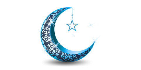 3D rendering of a blue crescent moon and hanging lantern for a Ramadan Kareem banner, with a copy space, isolated on transparent background. © MD AL AMIN
