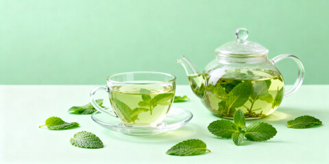 Glass teacup and teapot filled with peppermint herbal tea
