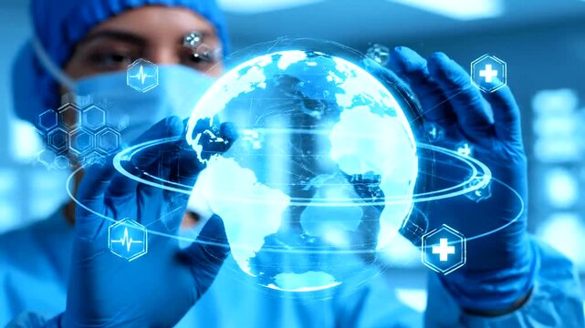 A healthcare worker in a lab setting holds a glowing globe  (3)
