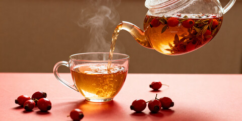 Pouring rosehip herbal tea into a glass teacup