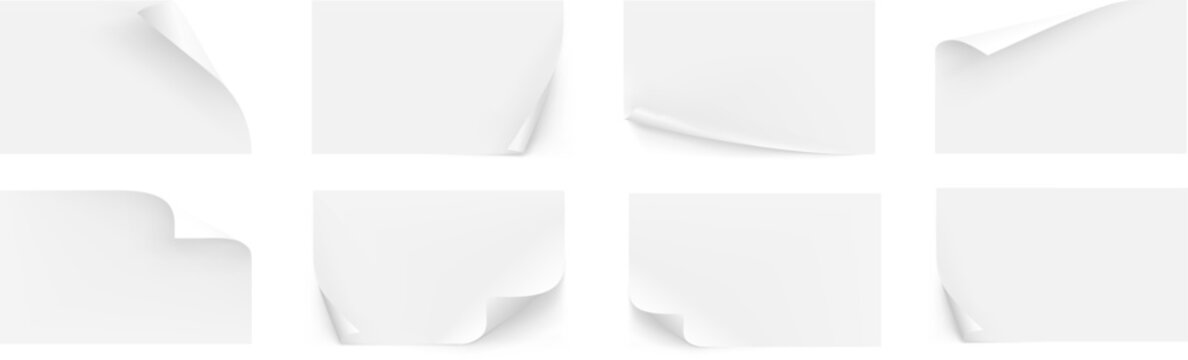 めくれた紙の質感とリアルな影表現を再現したホワイトペーパーエフェクトセット｜貼り紙・ページめくり・コーナーカール装飾に使える背景デザイン素材