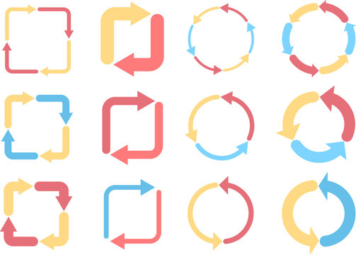 パステルカラーで構成された循環・回転・ループを表現する矢印アイコンセット　業務フローやプロセス説明に使えるフラットデザイン素材