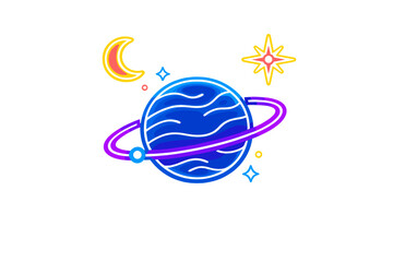Fototapeta premium A vibrant digital illustration of a blue ringed planet surrounded by a yellow crescent moon and colorful stars against a solid black background in a neon style.