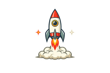 A stylized cartoon rocket ship with red and white details launches upward, emitting orange flames and white smoke clouds against a black background with two small shining stars. © Andrei