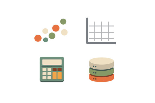 A collection of four flat icons representing data analysis and finance, including a scatter plot, a grid graph, a calculator, and a database stack on a black background.