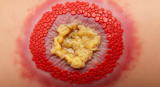 Extreme close up of inflamed skin boil with yellow pus and red surrounding tissue abscess