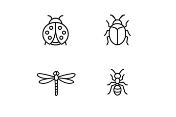 Naklejka na ściany i meble A collection of four minimalist white line art icons representing different insects, including a ladybug, beetle, dragonfly, and ant, set against a solid black background.