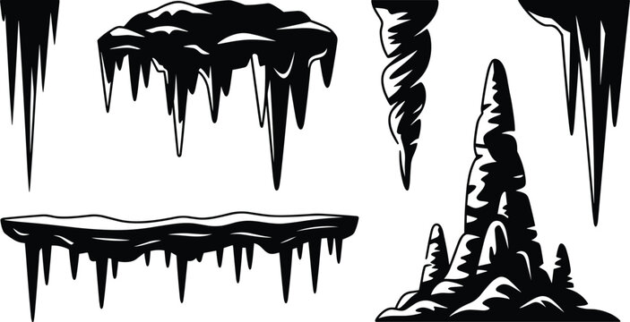 Black and white cave formation illustration, stalactites and stalagmites artwork, surreal geological design, abstract nature concept, fantasy underground landscape