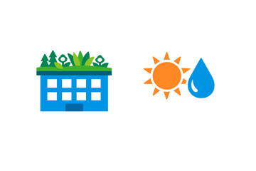 Obraz premium A flat vector illustration featuring a blue building with a green roof garden alongside icons of an orange sun and a blue water drop, representing sustainable architecture.