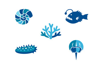 A collection of five blue marine life icons including a nautilus shell, anglerfish, coral, sea cucumber, and horseshoe crab, all set against a solid black background. © Andrei