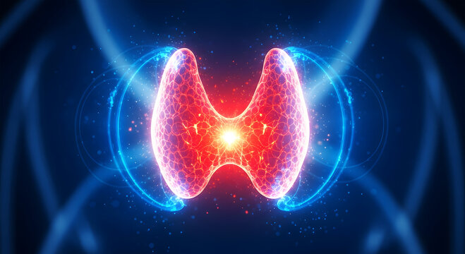 Glowing 3 D Human Thyroid Gland with Blue Energy Fields and Particles anatomy endocrine