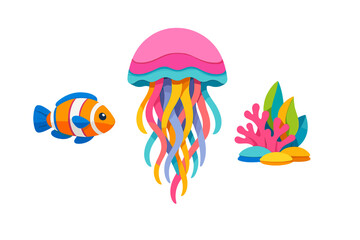 A vibrant paper-cut illustration featuring a colorful clownfish, a large pink jellyfish with flowing tentacles, and a small coral reef arrangement isolated on a black background. © Andrei