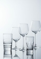 A curated collection of crystal clear drinkware displayed on a bright, reflective white studio background, emphasizing clarity and modern purity ,light ,reflection ,beverage