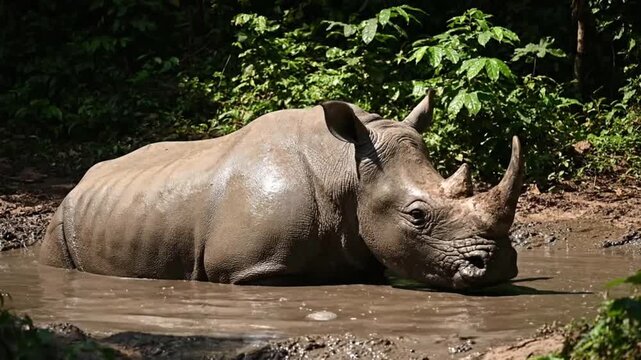 Sumatran Rhinoceros Enjoying a Mud Bath in the Jungle.