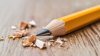 Close up view of a broken pencil on a wooden desk