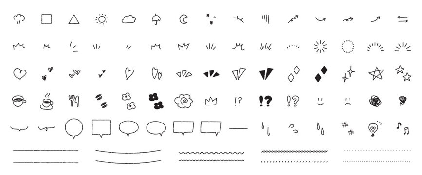 手書きのあしらいイラストセット　矢印・吹き出し・キラキラ・ライン・アイコンの線画素材