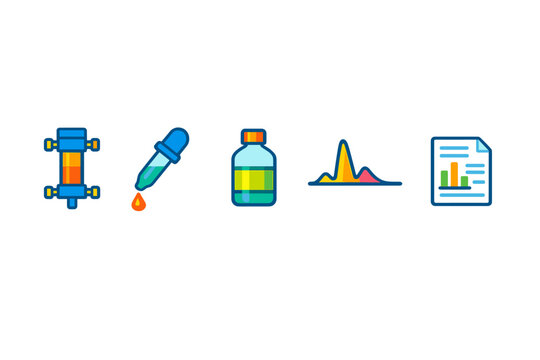 A collection of five colorful laboratory icons featuring a chromatography column, a dropper, a reagent bottle, a chromatogram graph, and a data report on a black background.