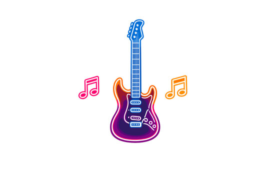 This digital illustration features a glowing neon electric guitar with blue and purple outlines, accompanied by two bright musical notes against a solid black backdrop.