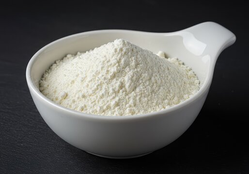 A detailed close-up shot showing the fine, white texture of dairy powder milk heaped in a simple ceramic serving bowl, highlighting nutrition and utility ,preparation ,bowl ,milk