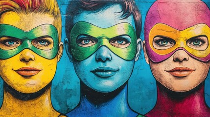 Superhero mural featuring vibrant faces and colorful masks
