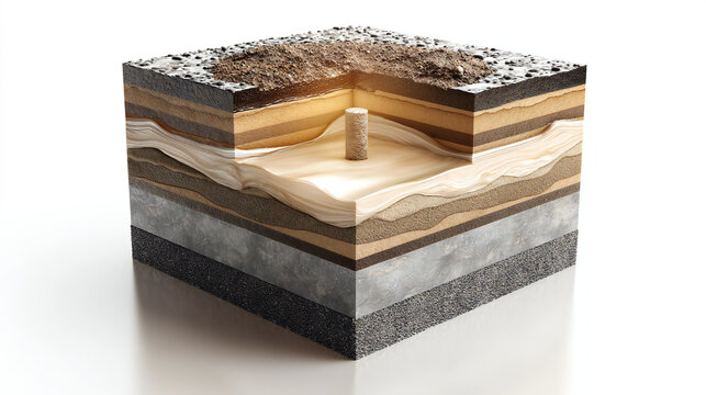 Foundation pile penetrating layered soil with illuminated core, symbolizing load transfer, underground engineering, and construction stability pile foundation, soil layers, foundation engineering