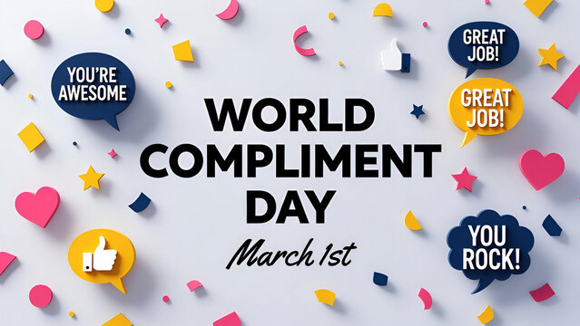 World Compliment Day March 1st celebration design with colorful speech bubbles saying great job you rock and youre awesome on clean background
