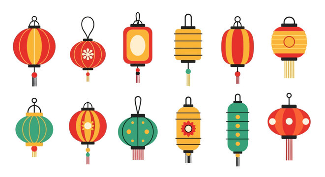 Colorful Chinese Lanterns Hanging in Isolation.