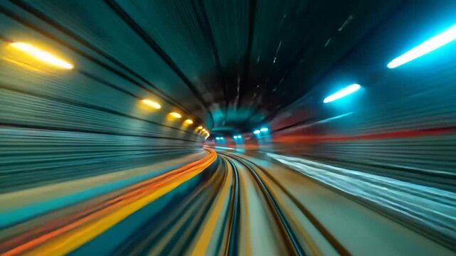 A blurry image of a train rapidly moving through a dark tunnel, emphasizing speed and motion.