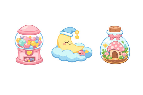 Three cute pastel illustrations on a black background featuring a pink gumball machine, a sleeping crescent moon on a cloud, and a glass jar with a mushroom house.