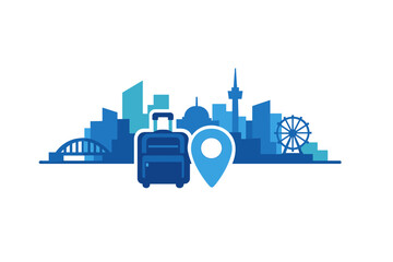 Obraz premium A flat vector illustration of a blue city skyline featuring a suitcase and a location pin icon in the foreground. The design includes a bridge, buildings, and a Ferris wheel on a black background.