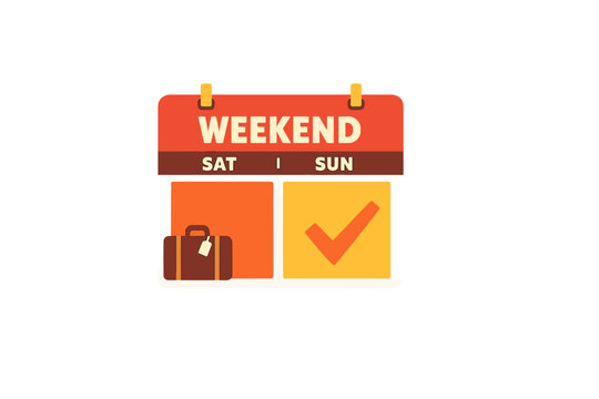 A stylized calendar graphic for the weekend featuring Saturday and Sunday labels, a brown suitcase icon for travel, and a red checkmark on a black background.