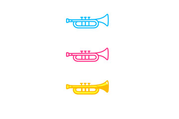 Fototapeta premium Three stylized trumpet icons in cyan, magenta, and yellow colors are vertically aligned against a solid black background. Each musical instrument features a clean, minimalist line art design.