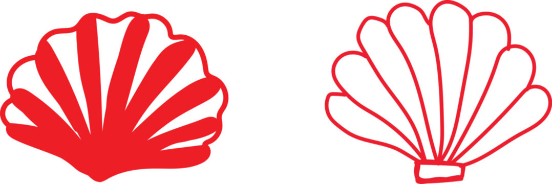 Two distinct representations of the scallop shell symbol commonly associated with pilgrimage routes and spiritual journeys are presented side by side illustrating graphic variation in style.