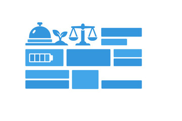 Obraz premium A blue infographic layout featuring icons for a service bell, a growing plant, scales of justice, and a battery, arranged with rectangular placeholders on a black background.