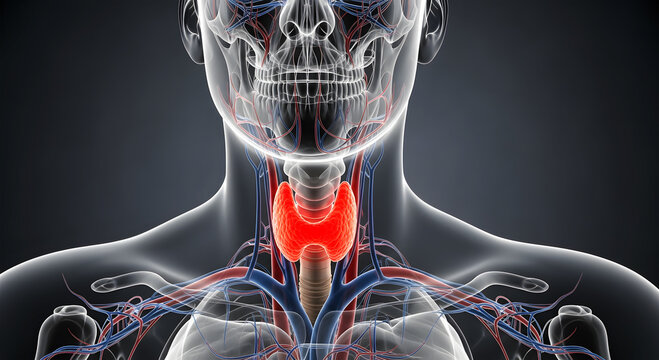 Human neck anatomy glowing red thyroid gland with blue and red blood vessels image
