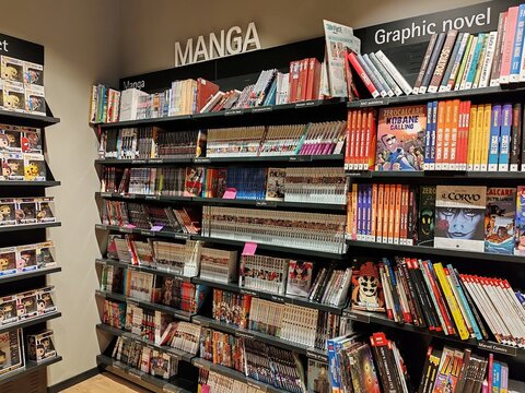 Rome, Italy - September 20, 2025, a bookstore shelf filled with Japanese comics, or manga, a sequential art form characterized by a distinctive style.