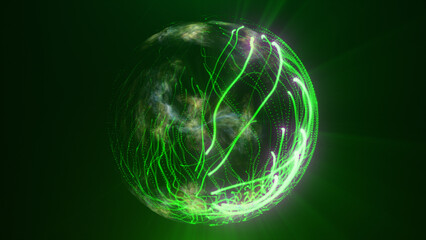 Green and yellow glowing orb with organic, net-like patterns and swirling luminous mist © Bolbik