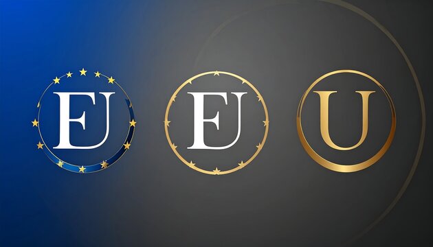 A triptych displays three logo variations; a blue background with the letters "EU" and "U" enclosed within circular frames, differing in colors