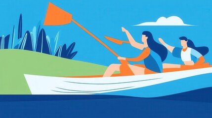 Two women rowing a boat on a lake